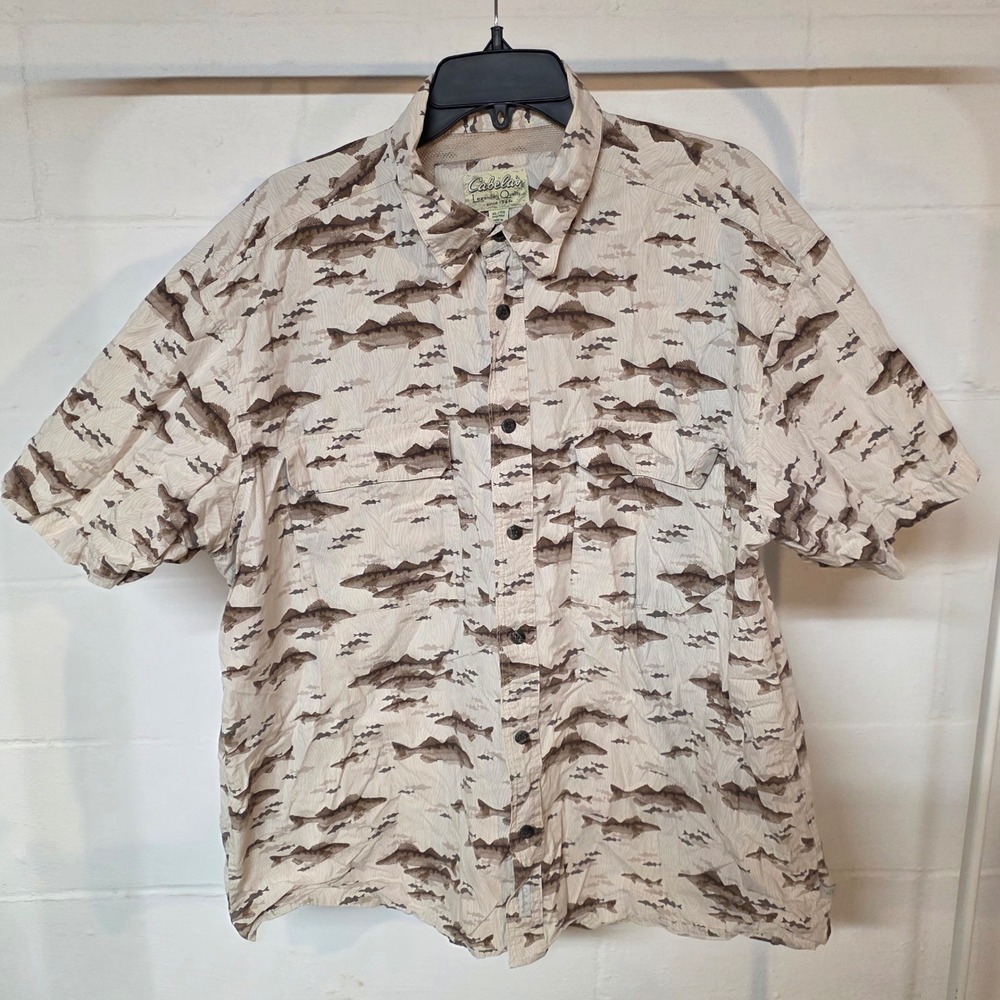 💲6️⃣ CLEARANCE Cabelas Men XL Vented‎ Fish Topographic Fishing Short Sleeve